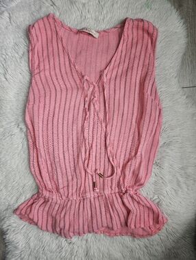 Women’s Pink Striped Sleeveless Blouse V-Neck Lightweight Summer Top M🔥
